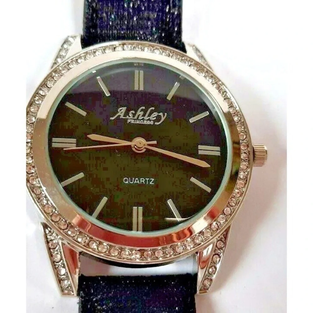 Ashley Princess Womens Quartz Watch Black Glitter Strap Rhinestone Bezel ST10142